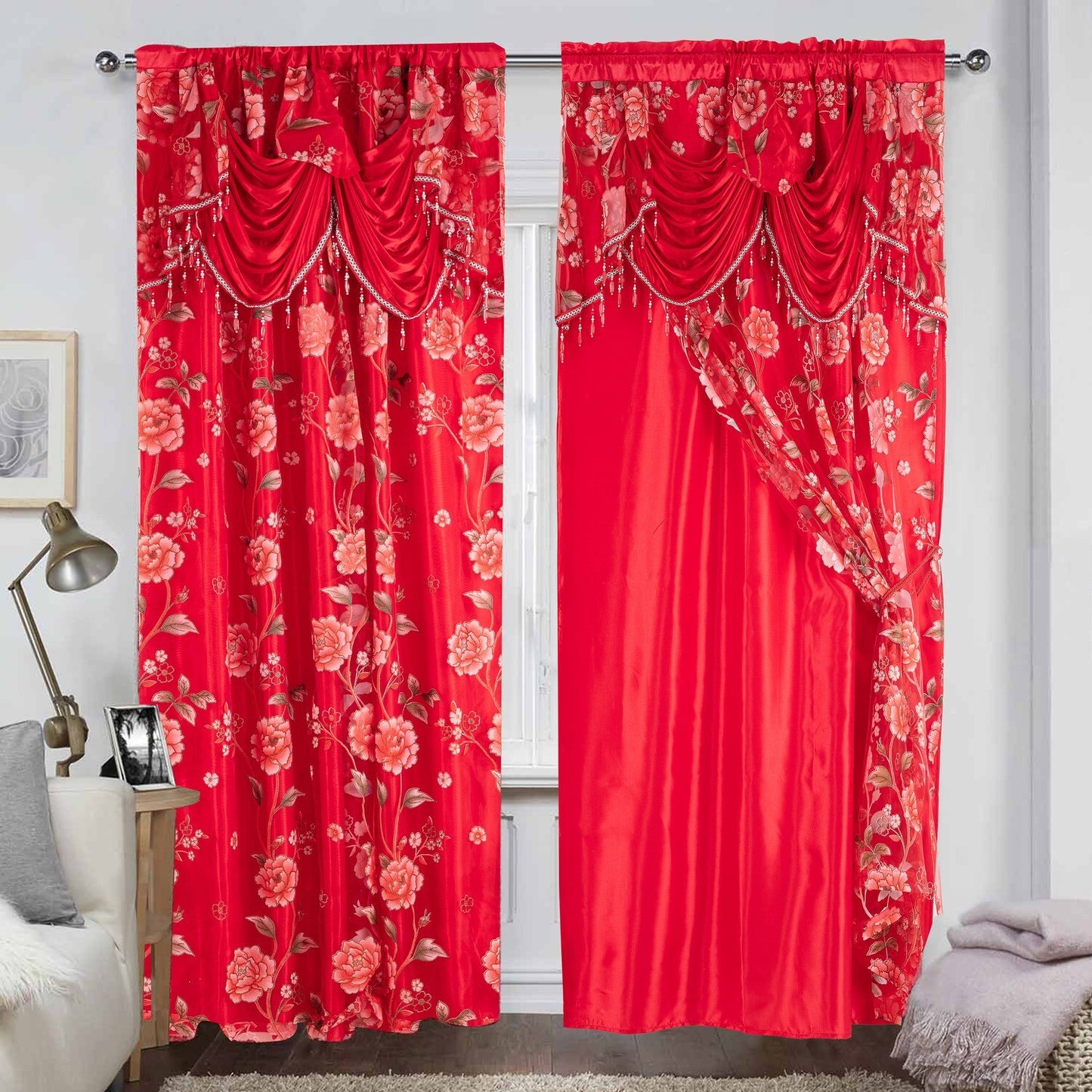 Glory Rugs Flower Curtain Window Panel Set 2 Luxury Curtains with Attached Valance and Sheer Backing Living Room Bedroom Dining 55x84 Each Balsam Red