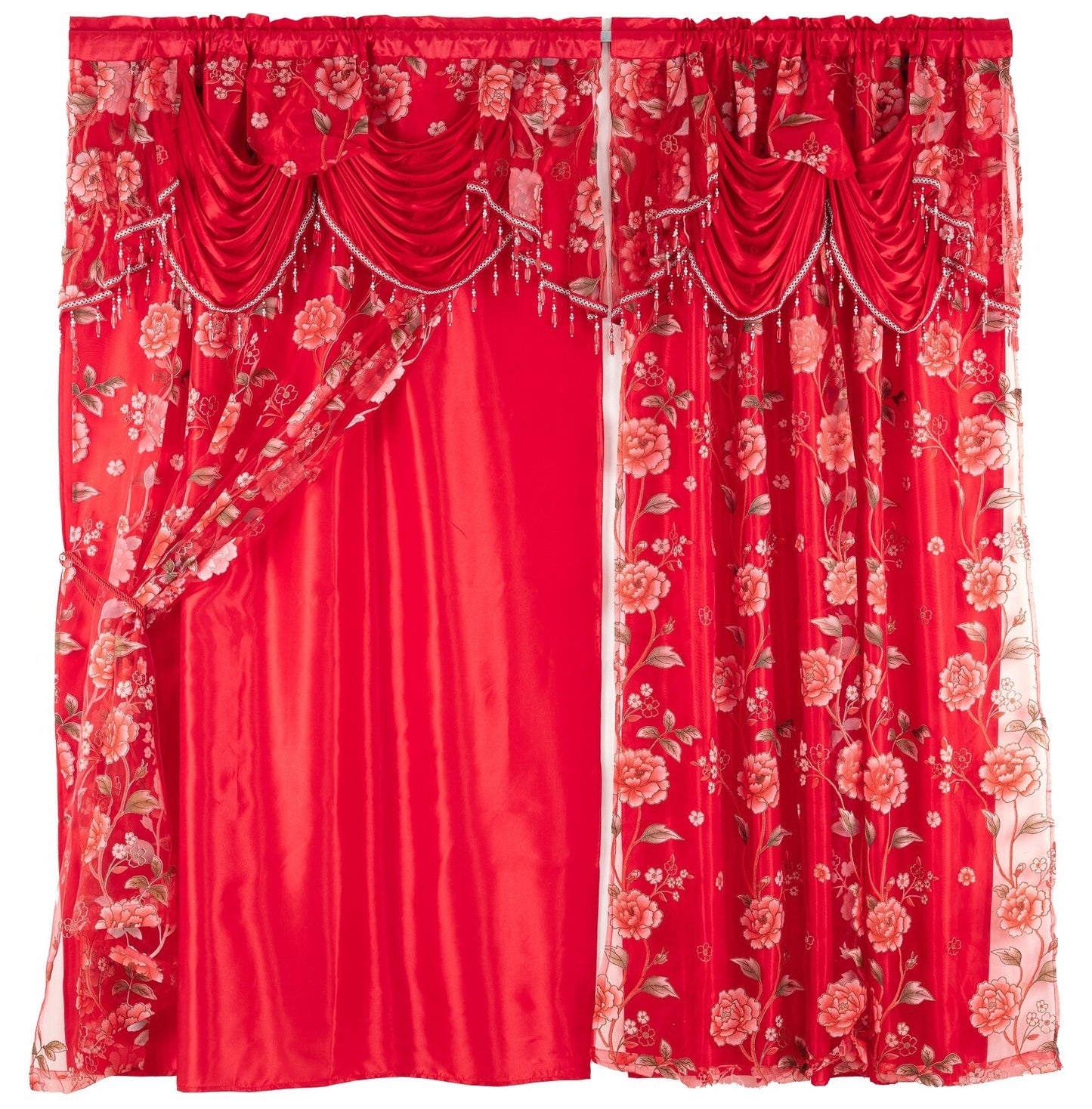 Glory Rugs Flower Curtain Window Panel Set 2 Luxury Curtains with Attached Valance and Sheer Backing Living Room Bedroom Dining 55x84 Each Balsam Red