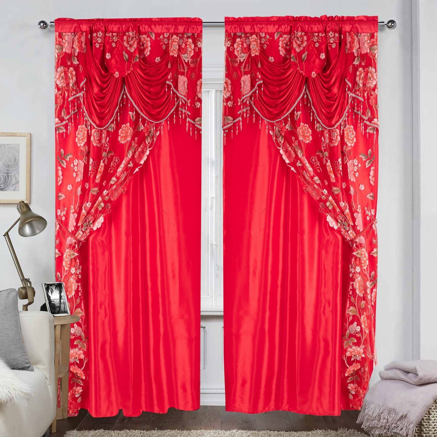 Glory Rugs Flower Curtain Window Panel Set 2 Luxury Curtains with Attached Valance and Sheer Backing Living Room Bedroom Dining 55x84 Each Balsam Red