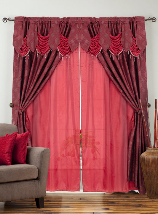 Glory Rugs 2pc Curtain Set with Attached Valance and Backing 55"X84" Each Ragad Burgundy