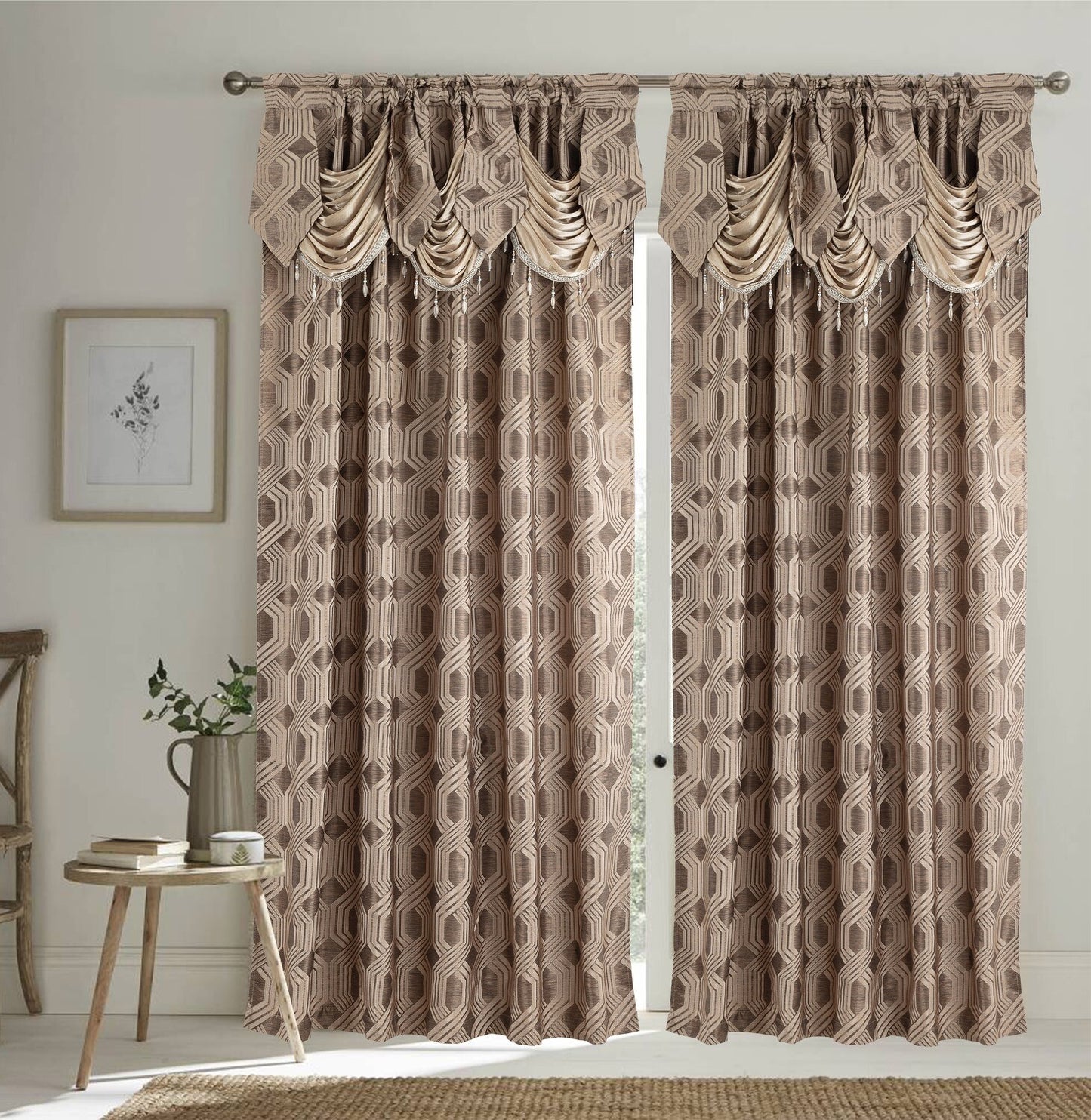 Glory Rugs 2pc Curtain Set with Attached Valance and Backing 55"X84" Each Ragad Brown