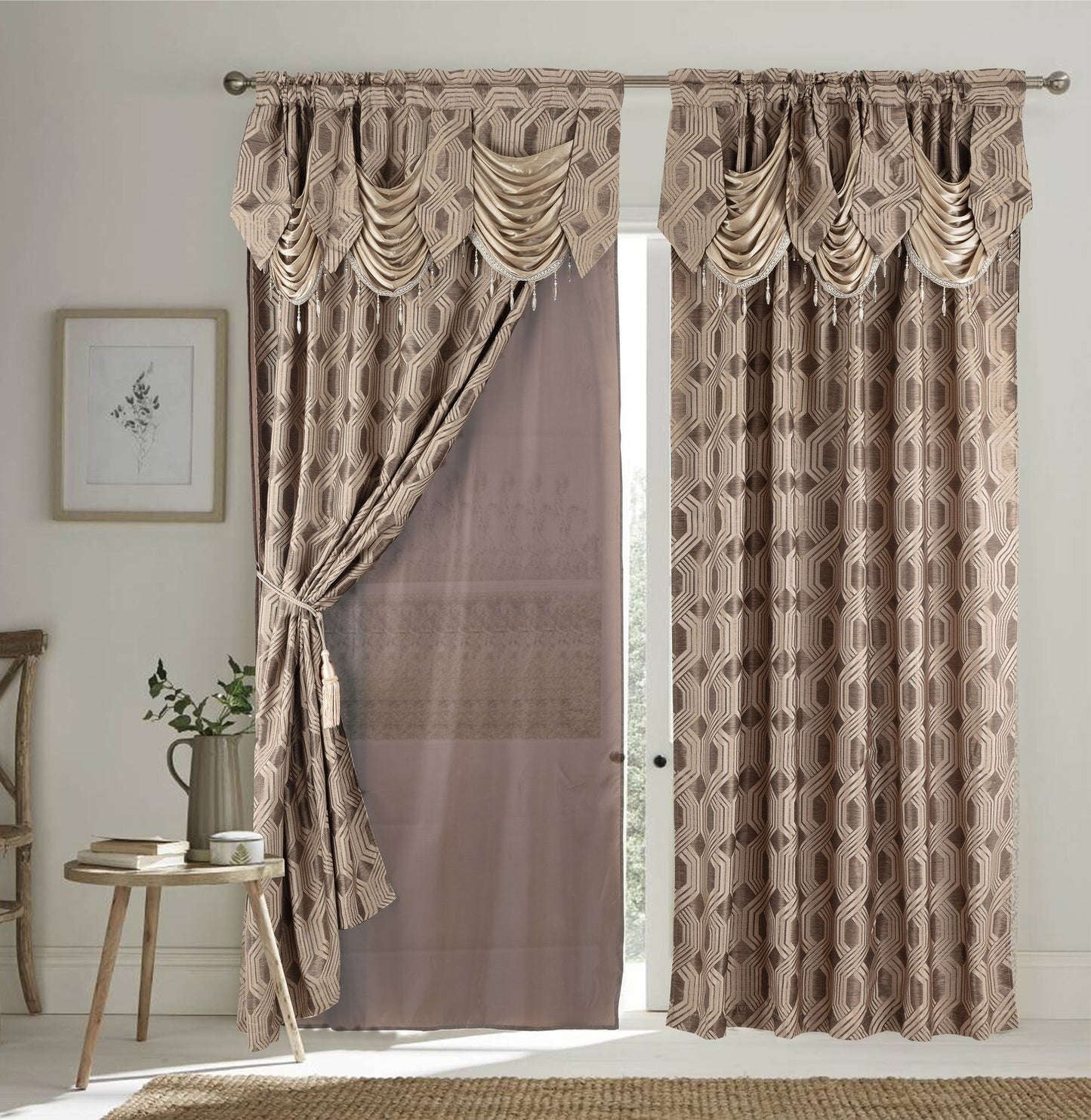 Glory Rugs 2pc Curtain Set with Attached Valance and Backing 55"X84" Each Ragad Brown