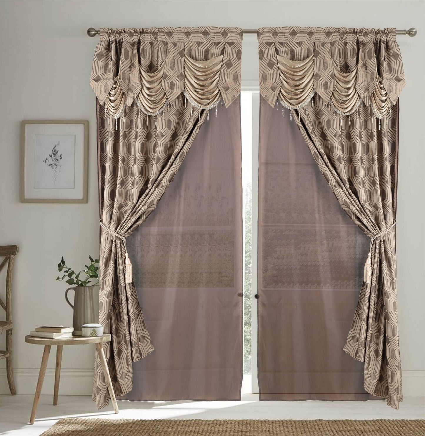 Glory Rugs 2pc Curtain Set with Attached Valance and Backing 55"X84" Each Ragad Brown