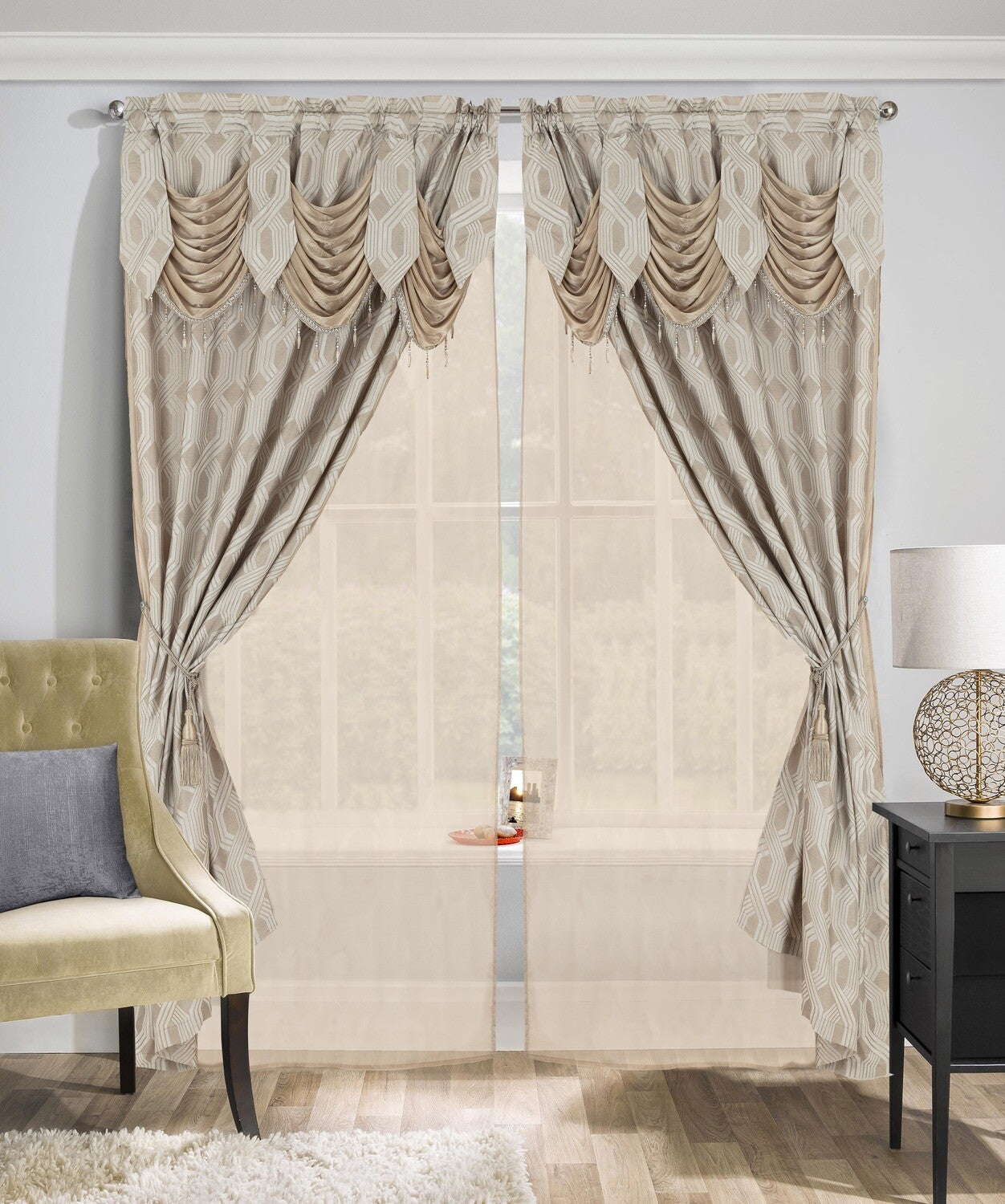 Glory Rugs 2pc Curtain Set with Attached Valance and Backing 55"X84" Each Ragad Light Taupe