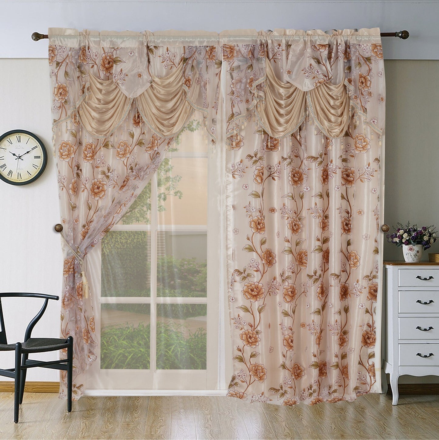Glory Rugs Flower Curtain Window Panel Set 2 Luxury Curtains with Attached Valance and Sheer Backing Living Room Bedroom Dining 55x84 Each Balsam Beige