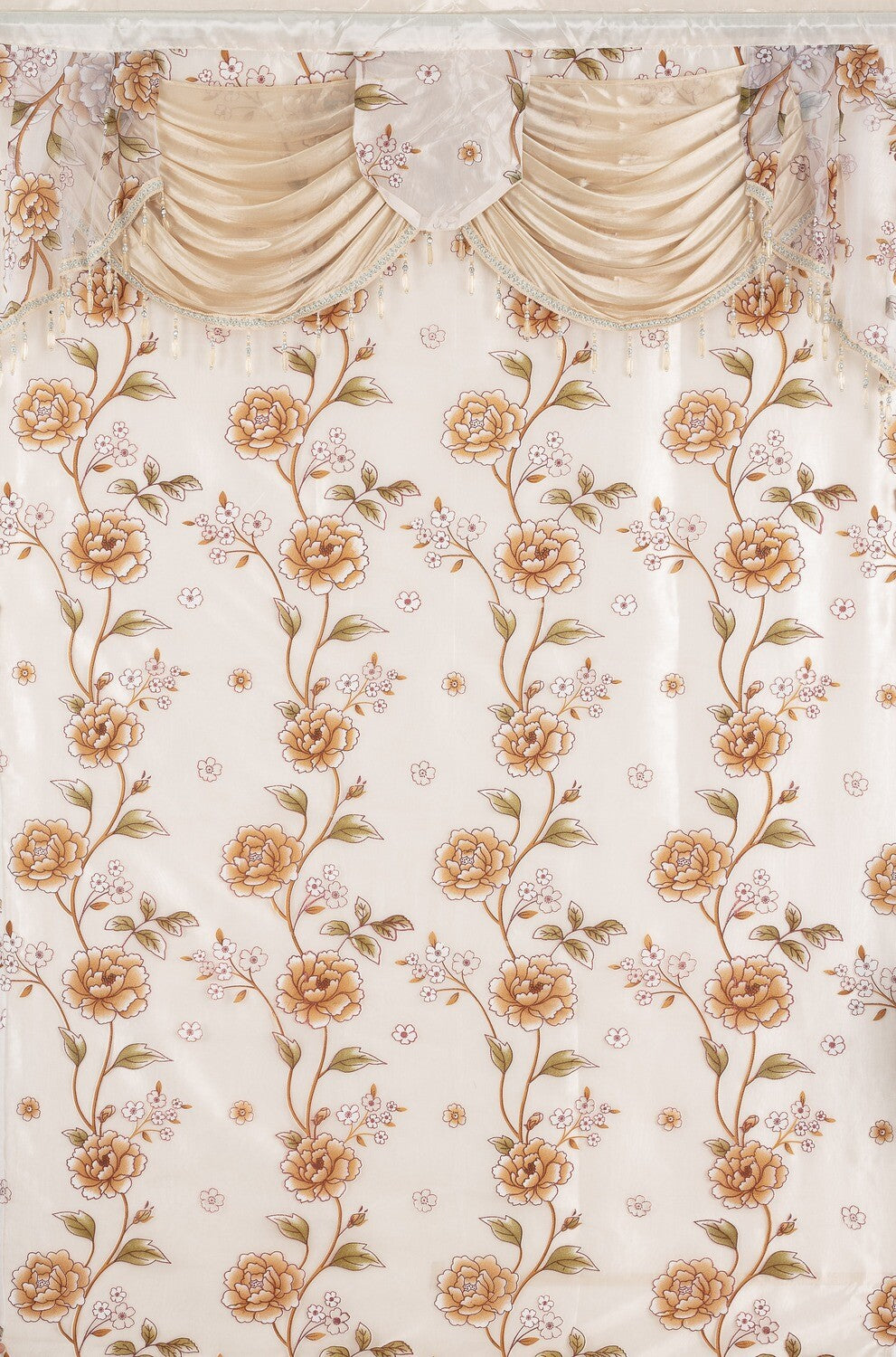 Glory Rugs Flower Curtain Window Panel Set 2 Luxury Curtains with Attached Valance and Sheer Backing Living Room Bedroom Dining 55x84 Each Balsam Beige