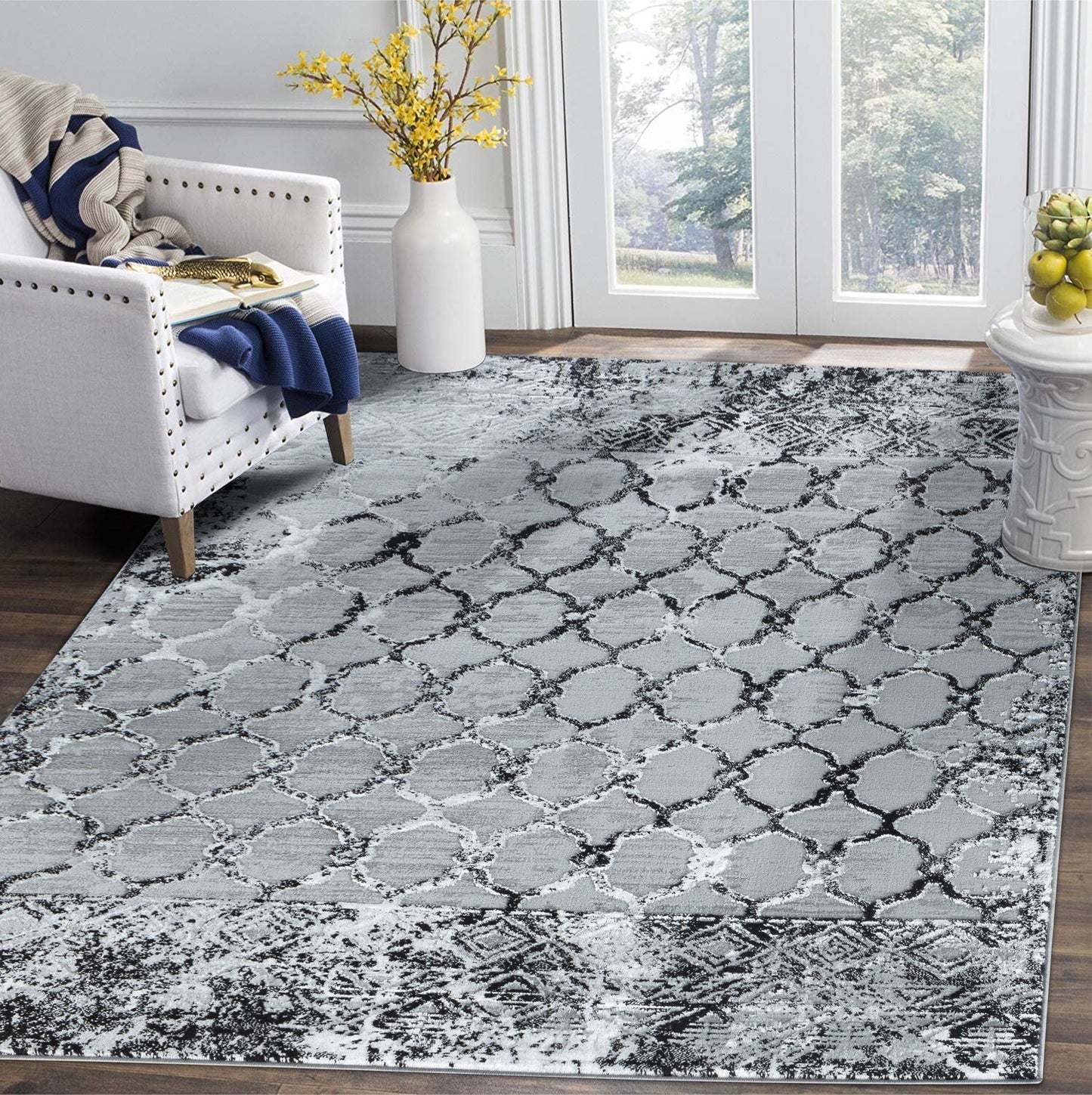 Glory Rugs Modern Abstract Trellis Area Rug Grey Black Rugs for Home Office Bedroom and Living Room