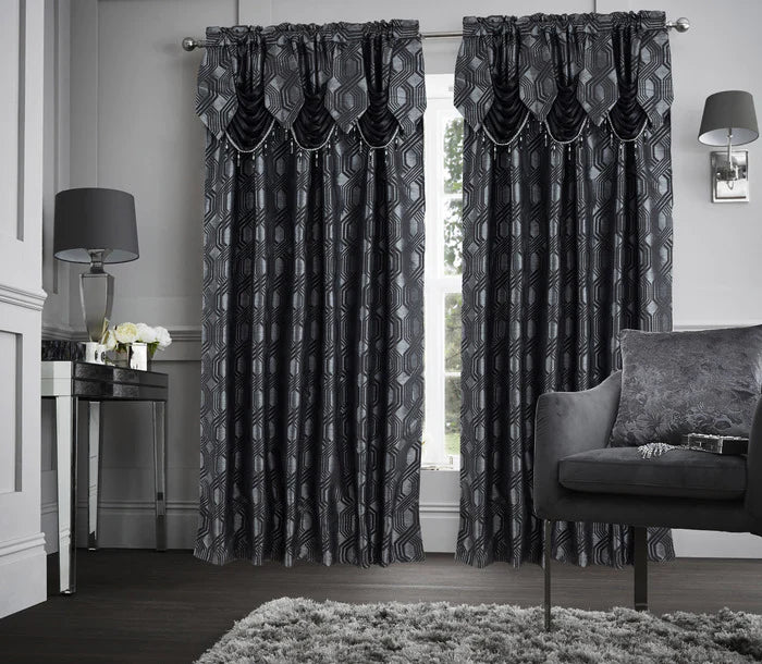 Glory Rugs 2pc Curtain Set with Attached Valance and Backing 55"X84" Each Ragad Black
