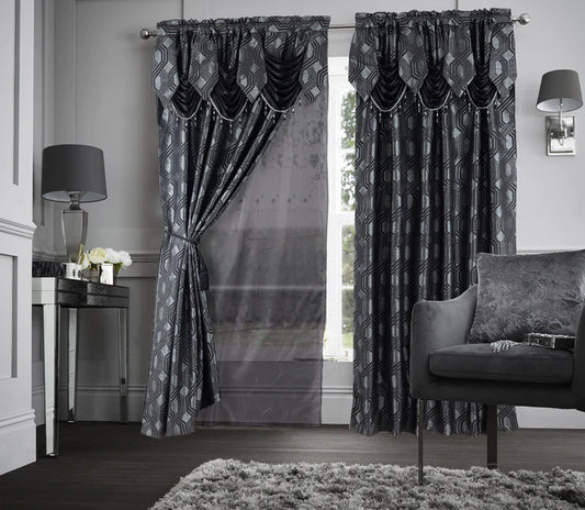 Glory Rugs 2pc Curtain Set with Attached Valance and Backing 55"X84" Each Ragad Black