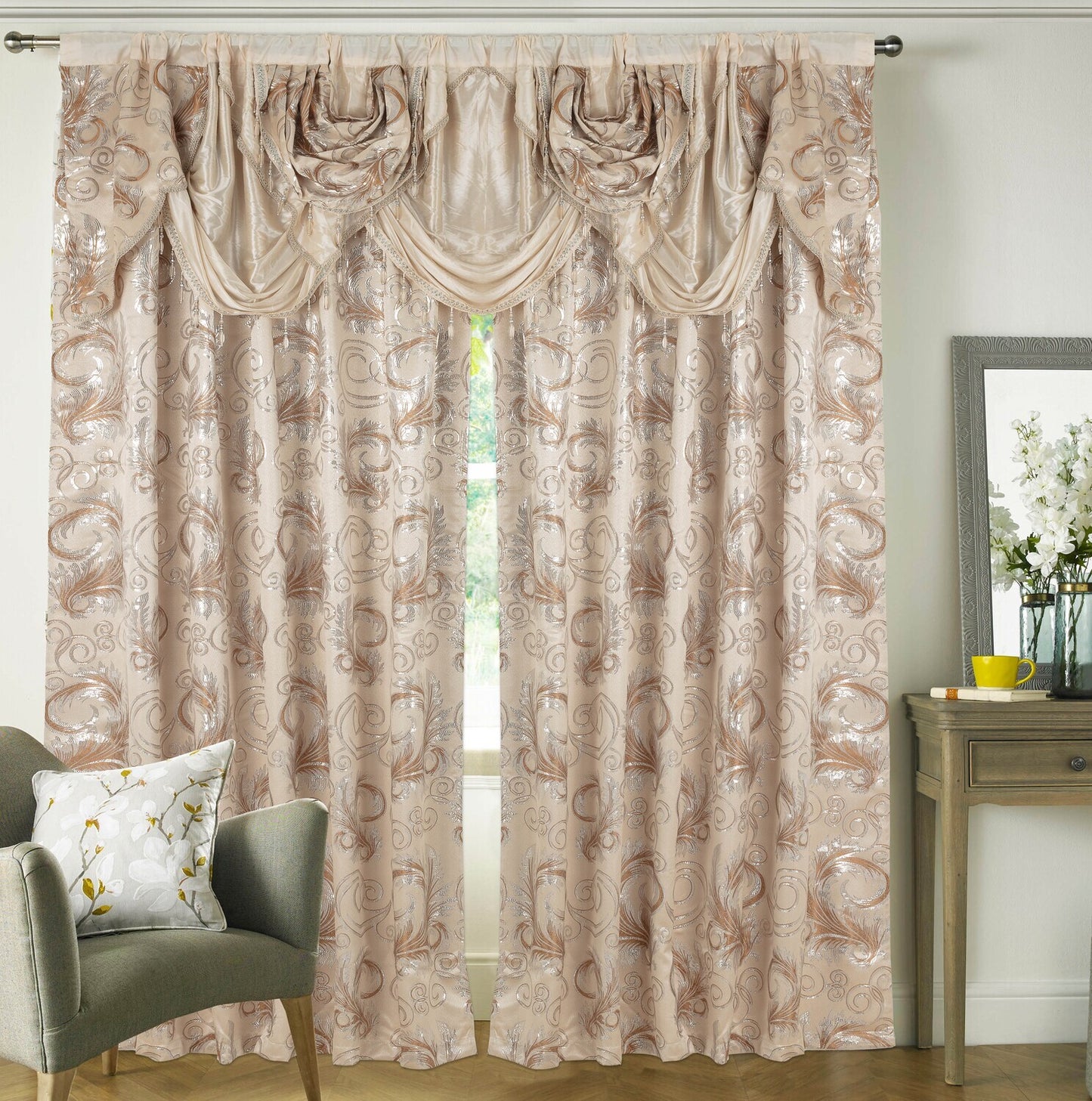 Glory Rugs Jacquard Luxury Curtain Window Panel Set Curtain with Attached Valance and Backing Bedroom Living Room Dining 110"X84" Each Jana Beige