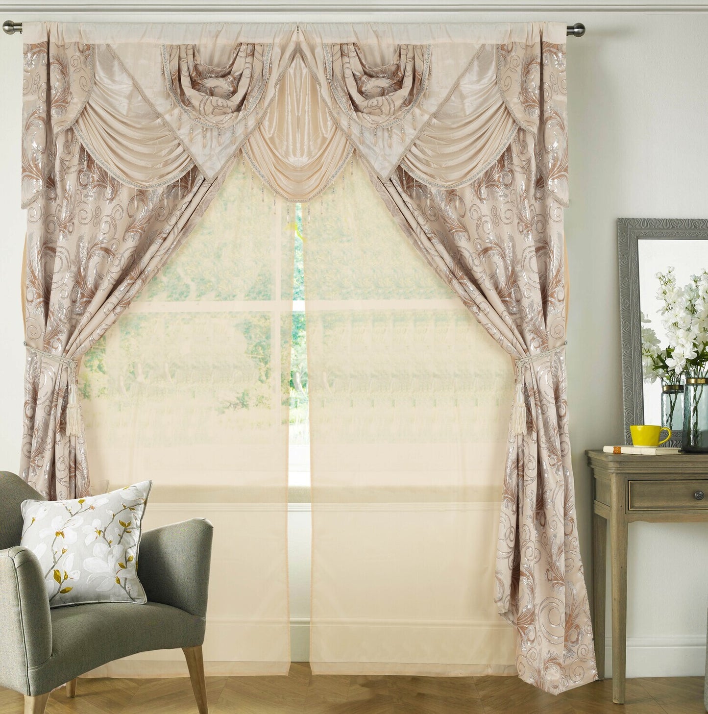 Glory Rugs Jacquard Luxury Curtain Window Panel Set Curtain with Attached Valance and Backing Bedroom Living Room Dining 110"X84" Each Jana Beige