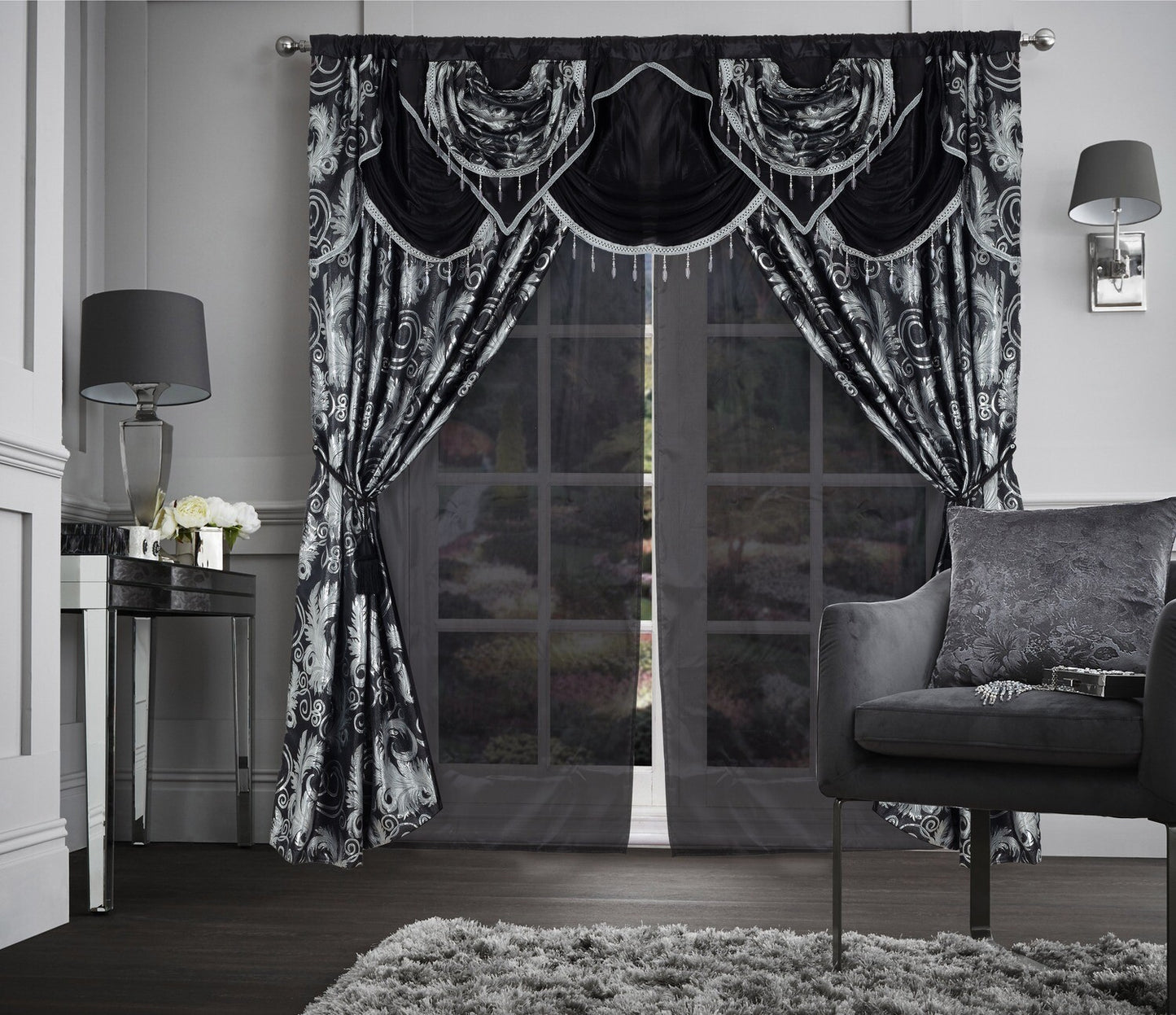Glory Rugs Jacquard Luxury Curtain Window Panel Set Curtain with Attached Valance and Backing Bedroom Living Room Dining 110"X84" Each Jana Black