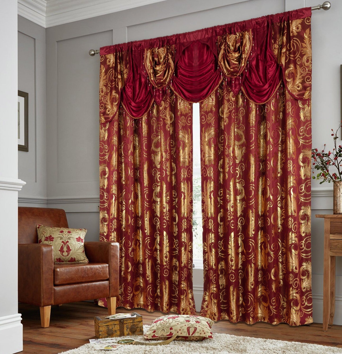 Glory Rugs Jacquard Luxury Curtain Window Panel Set Curtain with Attached Valance and Backing Bedroom Living Room Dining 110"X84" Each Jana Burgundy