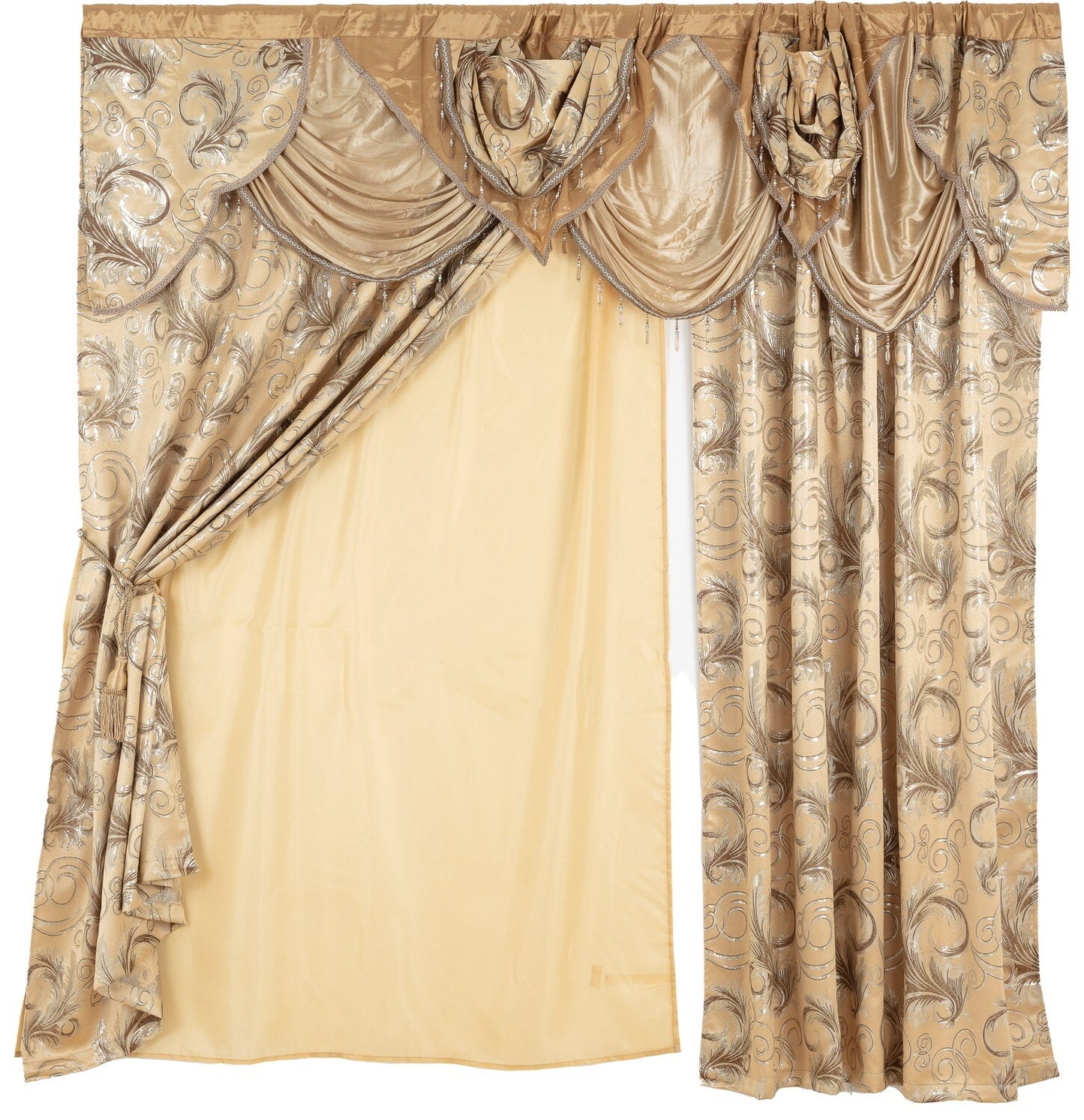 Glory Rugs Jacquard Luxury Curtain Window Panel Set Curtain with Attached Valance and Backing Bedroom Living Room Dining 110"X84" Each Jana Taupe