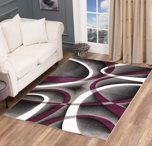 Sevilla Collection Swirls Purple Light Grey Rug Carpet Bedroom Living Room Accent (4816)