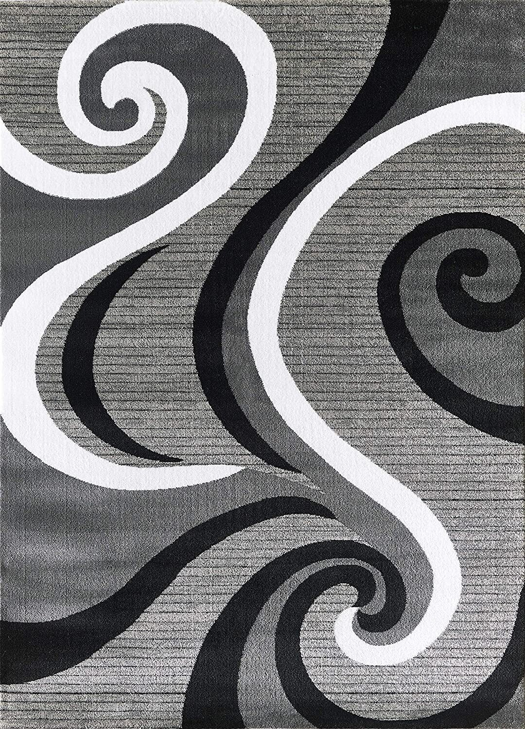 Sevilla Collection Swirls Modern Black Light Grey Rug Carpet Bedroom Living Room Accent (4817)