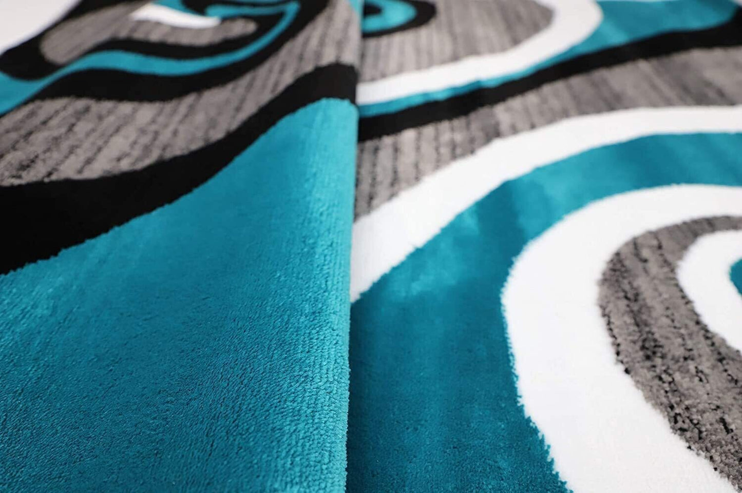 Sevilla Collection Swirls Modern Turquoise Grey Rug Carpet Bedroom Living Room Accent (4817)