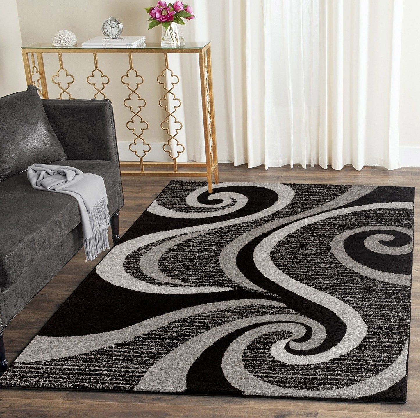 Sevilla Collection Swirls Modern Grey Black Rug Carpet Bedroom Living Room Accent (4817)