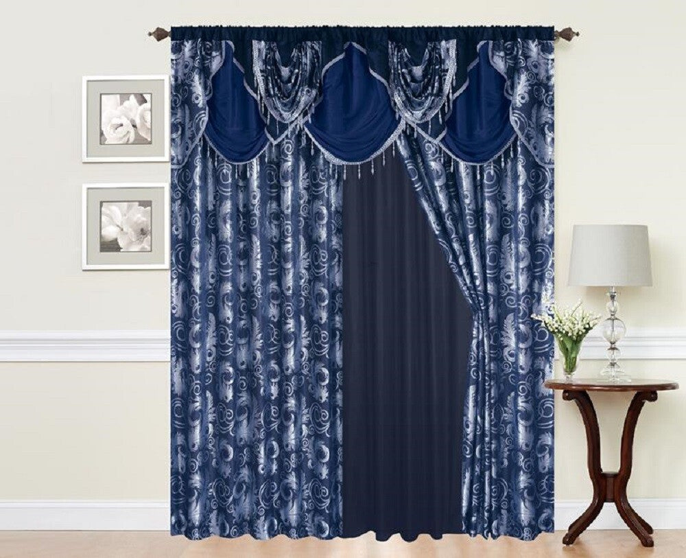 Glory Rugs Jacquard Luxury Curtain Window Panel Set Curtain with Attached Valance and Backing Bedroom Living Room Dining 110"X84" Each Jana Navy