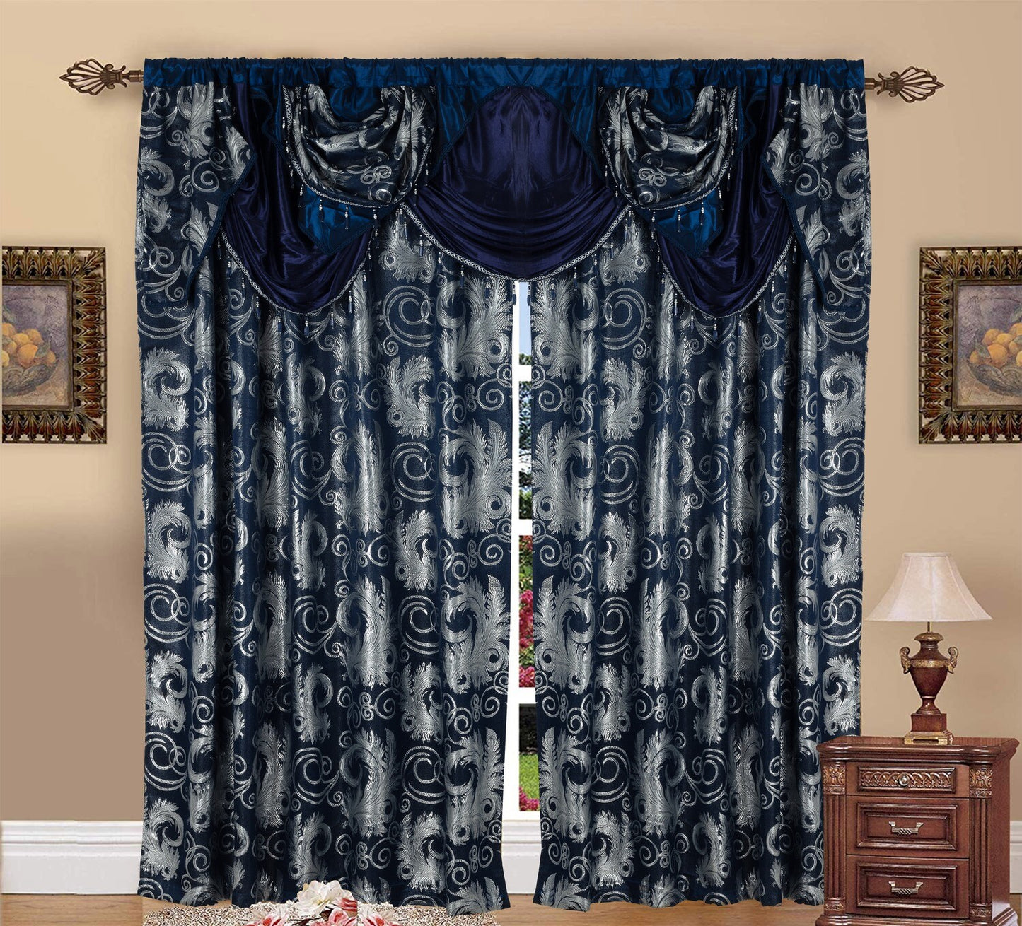 Glory Rugs Jacquard Luxury Curtain Window Panel Set Curtain with Attached Valance and Backing Bedroom Living Room Dining 110"X84" Each Jana Navy