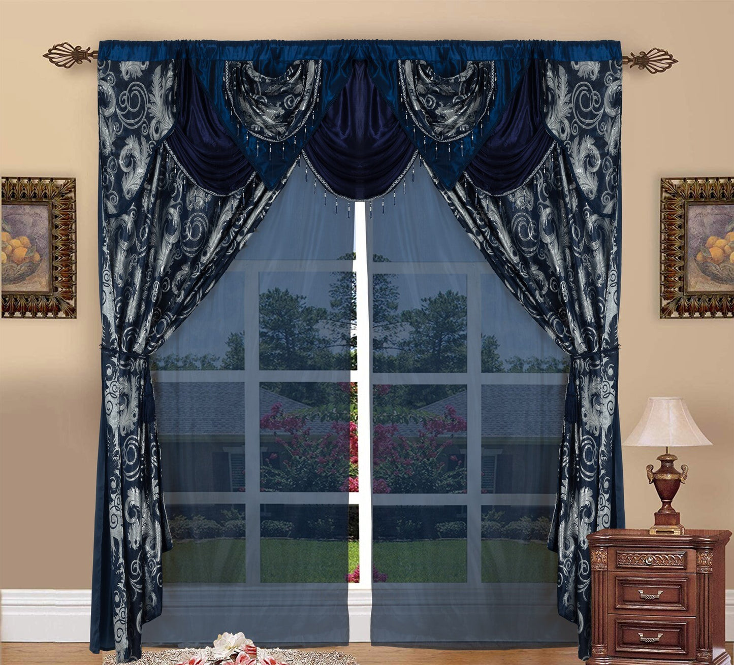 Glory Rugs Jacquard Luxury Curtain Window Panel Set Curtain with Attached Valance and Backing Bedroom Living Room Dining 110"X84" Each Jana Navy