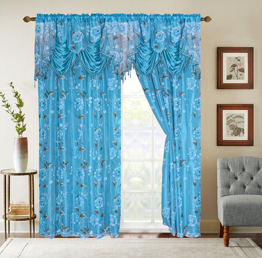 Glory Rugs Flower Curtain Window Panel Set 2 Luxury Curtains with Attached Valance and Sheer Backing Living Room Bedroom Dining 55x84 Each Balsam Turquoise