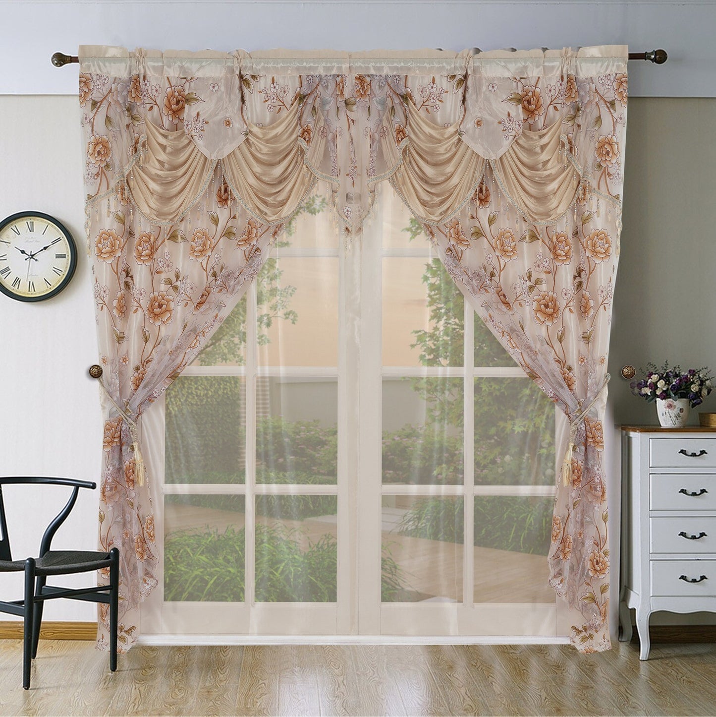 Glory Rugs Flower Curtain Window Panel Set 2 Luxury Curtains with Attached Valance and Sheer Backing Living Room Bedroom Dining 55x84 Each Balsam Beige