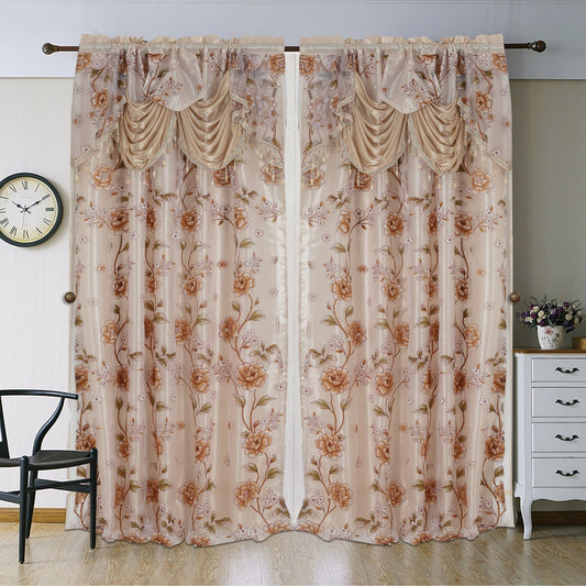 Glory Rugs Flower Curtain Window Panel Set 2 Luxury Curtains with Attached Valance and Sheer Backing Living Room Bedroom Dining 55x84 Each Balsam Beige