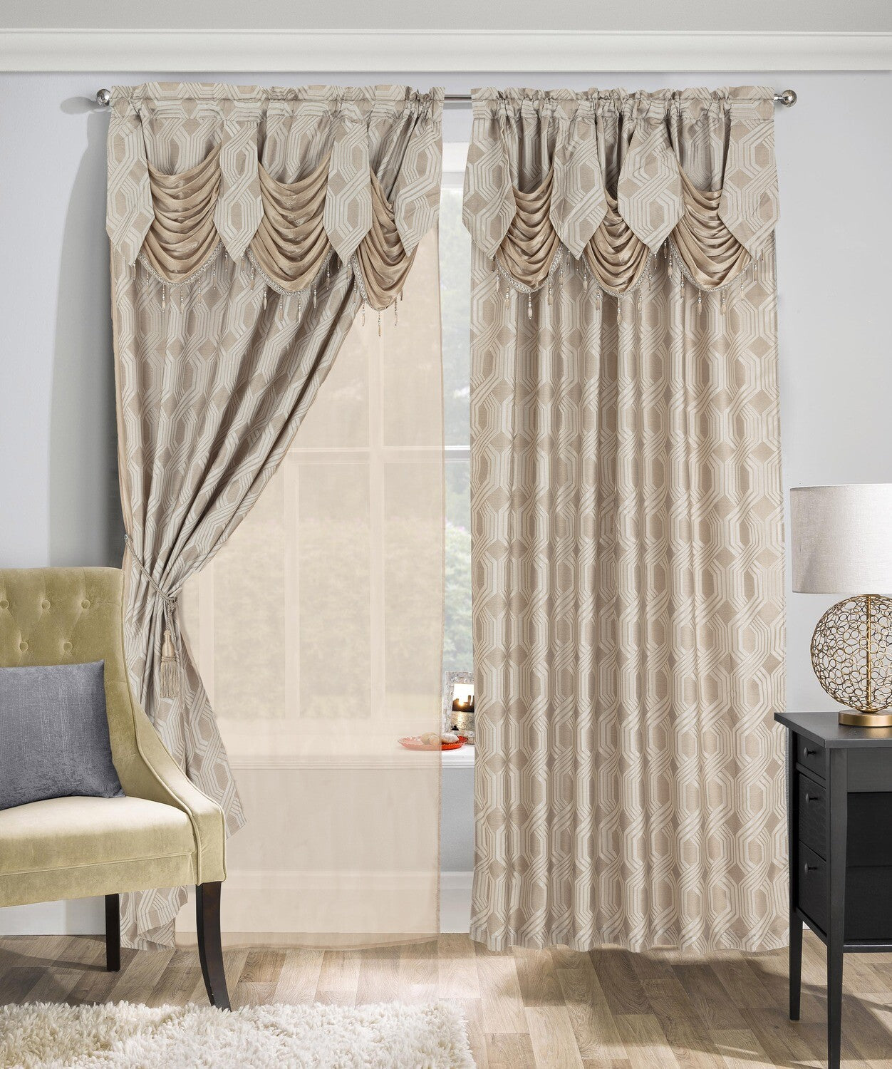 Glory Rugs 2pc Curtain Set with Attached Valance and Backing 55"X84" Each Ragad Light Taupe