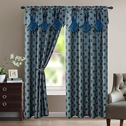 Glory Rugs 2pc Curtain Set with Attached Valance and Backing 55"X84" Each Ragad Turquoise
