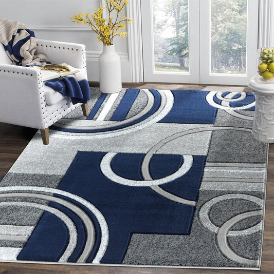 Platinum Collection Swirls Navy Grey Rug Carpet Living Room Dining Accent (4937)