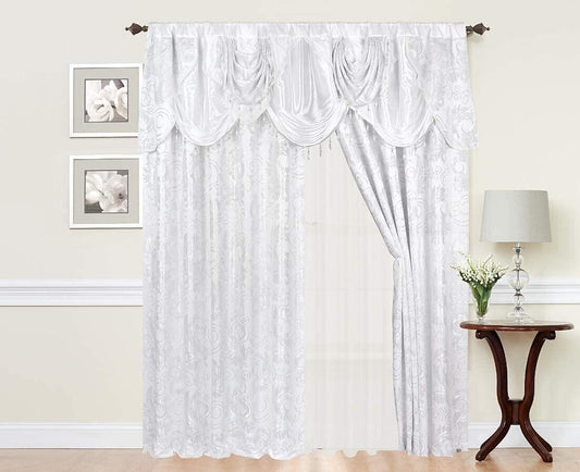 Glory Rugs Jacquard Luxury Curtain Window Panel Set Curtain with Attached Valance and Backing Bedroom Living Room Dining 110"X84" Each Jana white