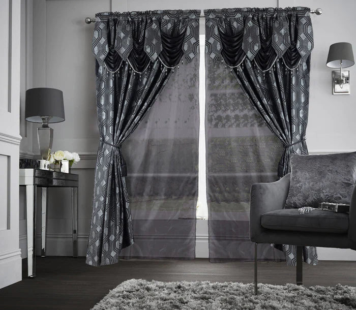 Glory Rugs 2pc Curtain Set with Attached Valance and Backing 55"X84" Each Ragad Black